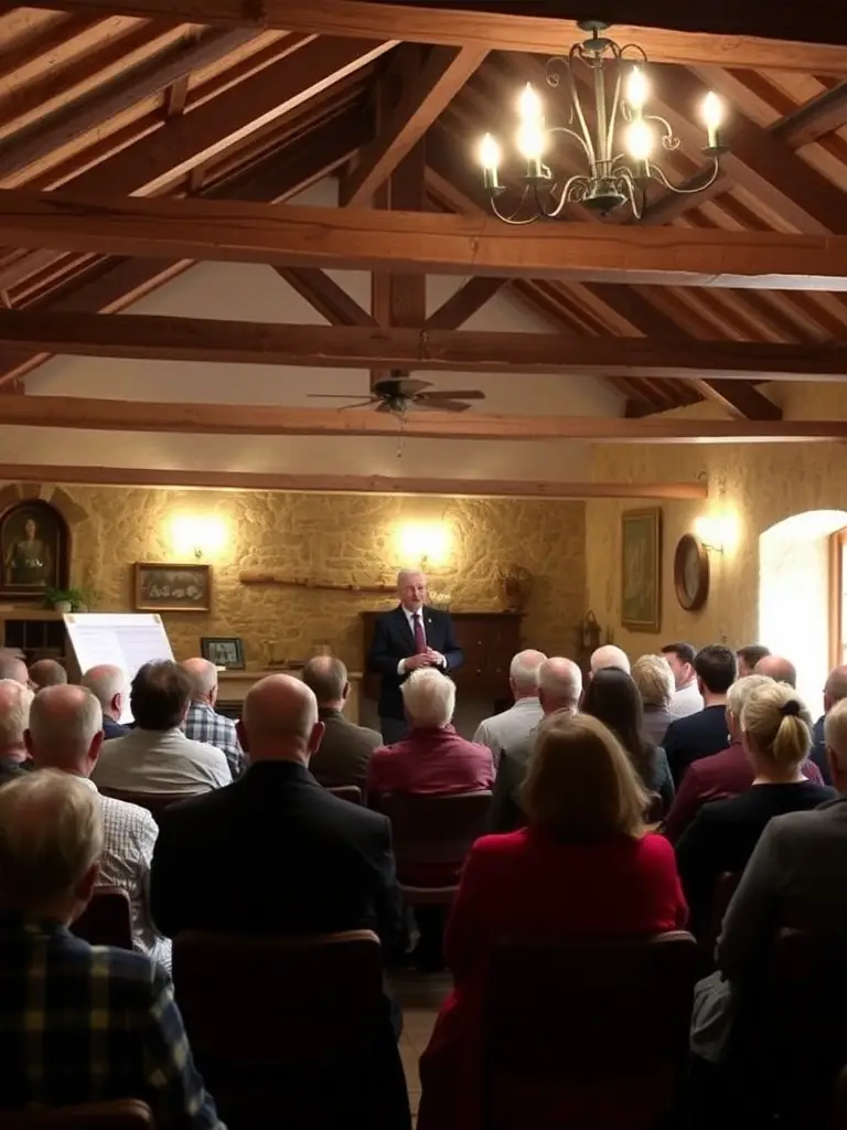 A photograph of a public lecture taking place inside the Château de Quintin, with an expert discussing the history and architecture of the castle.