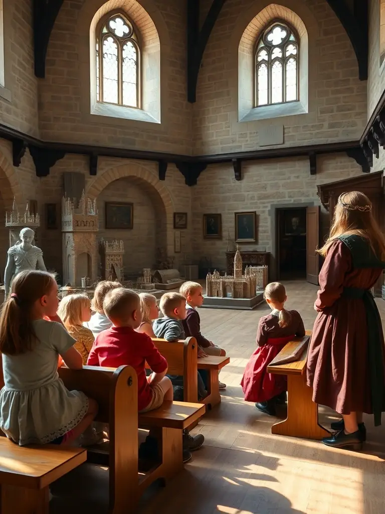 A photograph capturing a group of students participating in an educational tour inside the Château de Quintin, with a guide explaining the history of the castle.