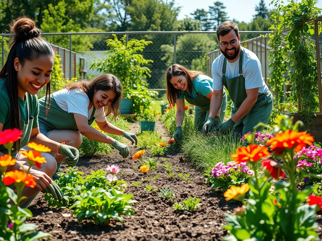 A photograph capturing a group of volunteers participating in a garden restoration project at the Château de Quintin, showcasing community involvement.